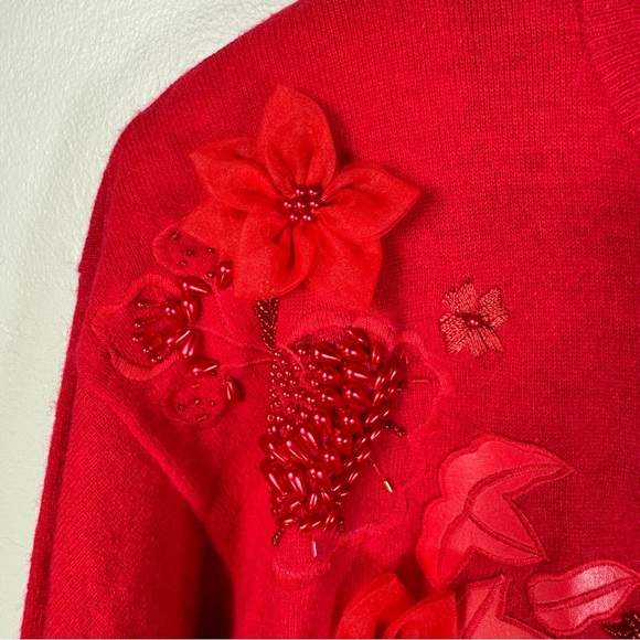 vintage cranberry red embroidered beaded holiday sweater angora wool HONG KONG - Picture 5 of 14